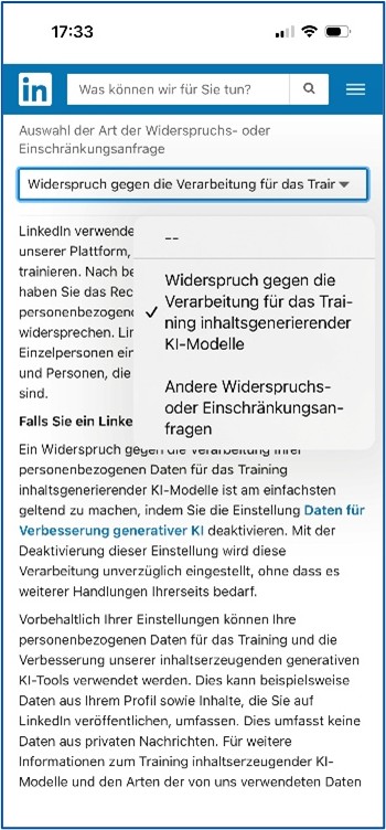 Formular zum Widerspruch gegen Datenverarbeitung durch LinkedIn