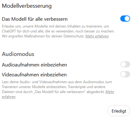 Standardeinstellung zur Modellverbesserung Standardeinstellung zur Modellverbesserung